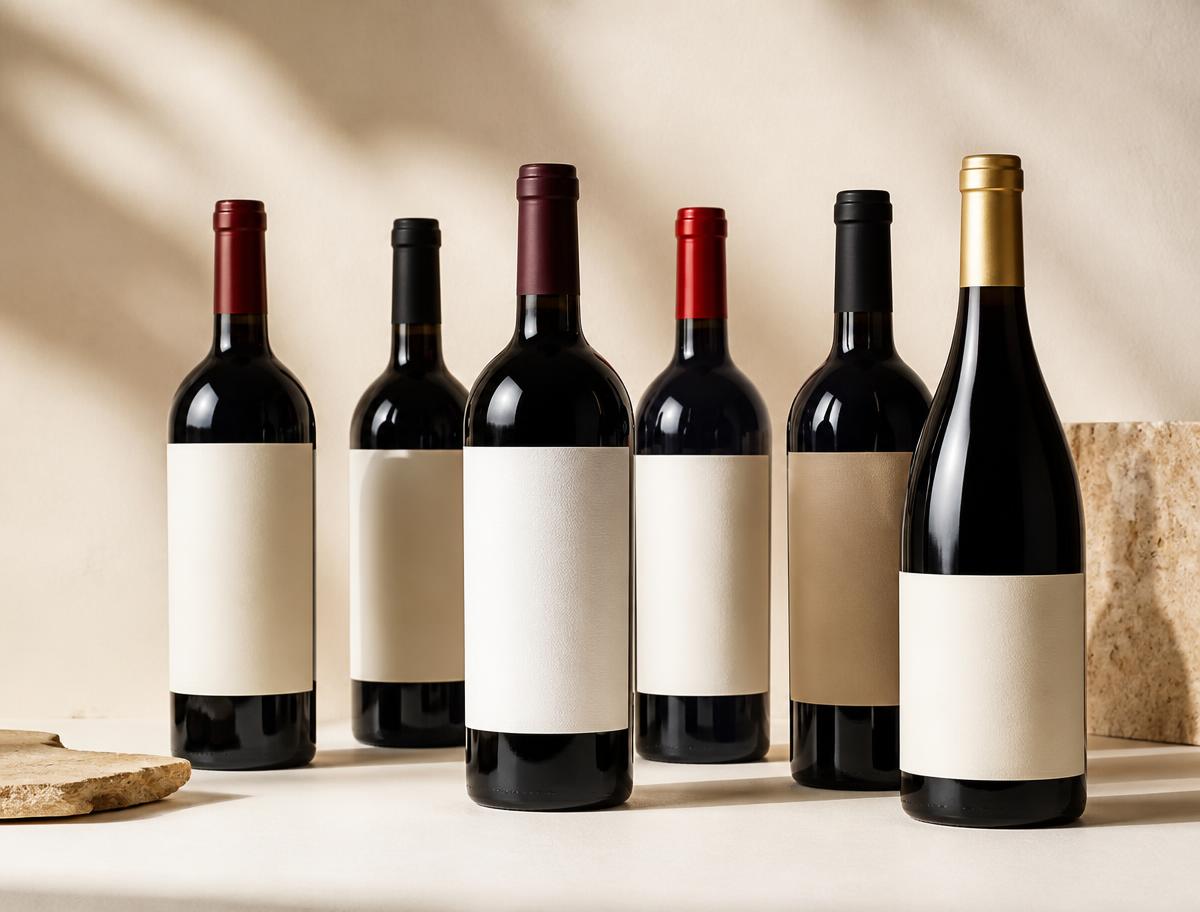 Bottiglie di vino italiane su fondo chiaro